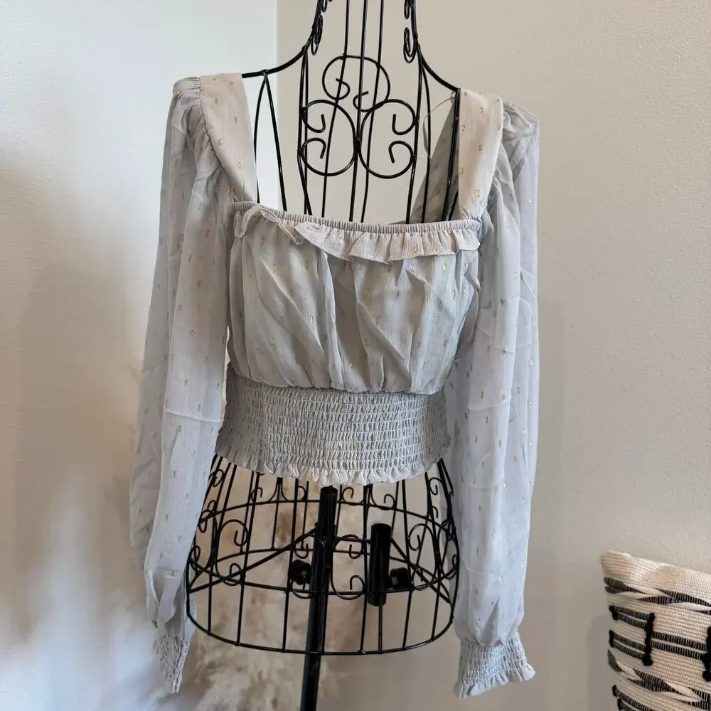 Anthropologie By The River Gray Sheer Chiffon Gold Speck Crop Smock Romantic Top